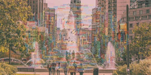 A park in Philadelphia covered in the word 'hello' in many different languages.