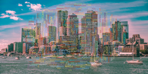 A photo of the Boston skyline with a cloud of the word 'hello' in different languages.