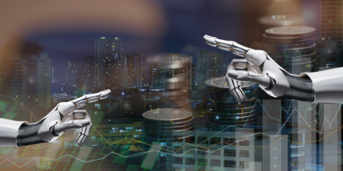 An image of a city skyline with coins stacked in the corner and a graph with AI robot hands on the left and right.